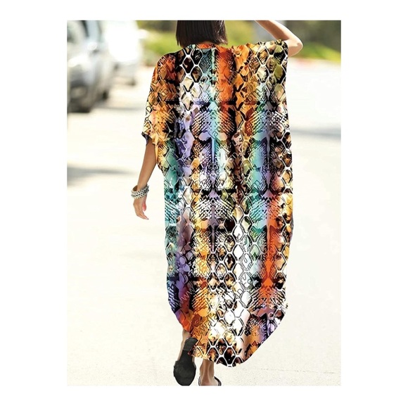 Maxi Dress Loose Caftan Bikini Cover Up Shirt Dress Snake Prints - Picture 6 of 7
